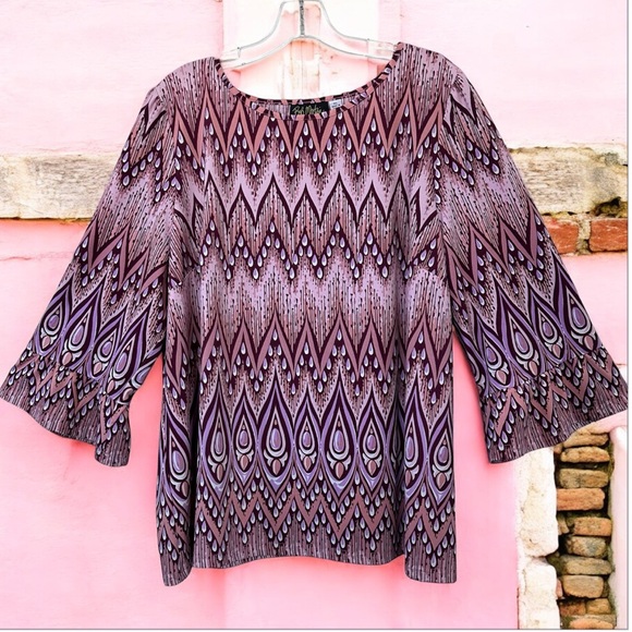 Bob Mackie Zigzag Peacock Bell Sleeve Blouse - Picture 2 of 10